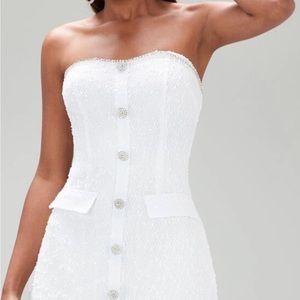 Shein white tweed dress with rhinestone trim and buttons